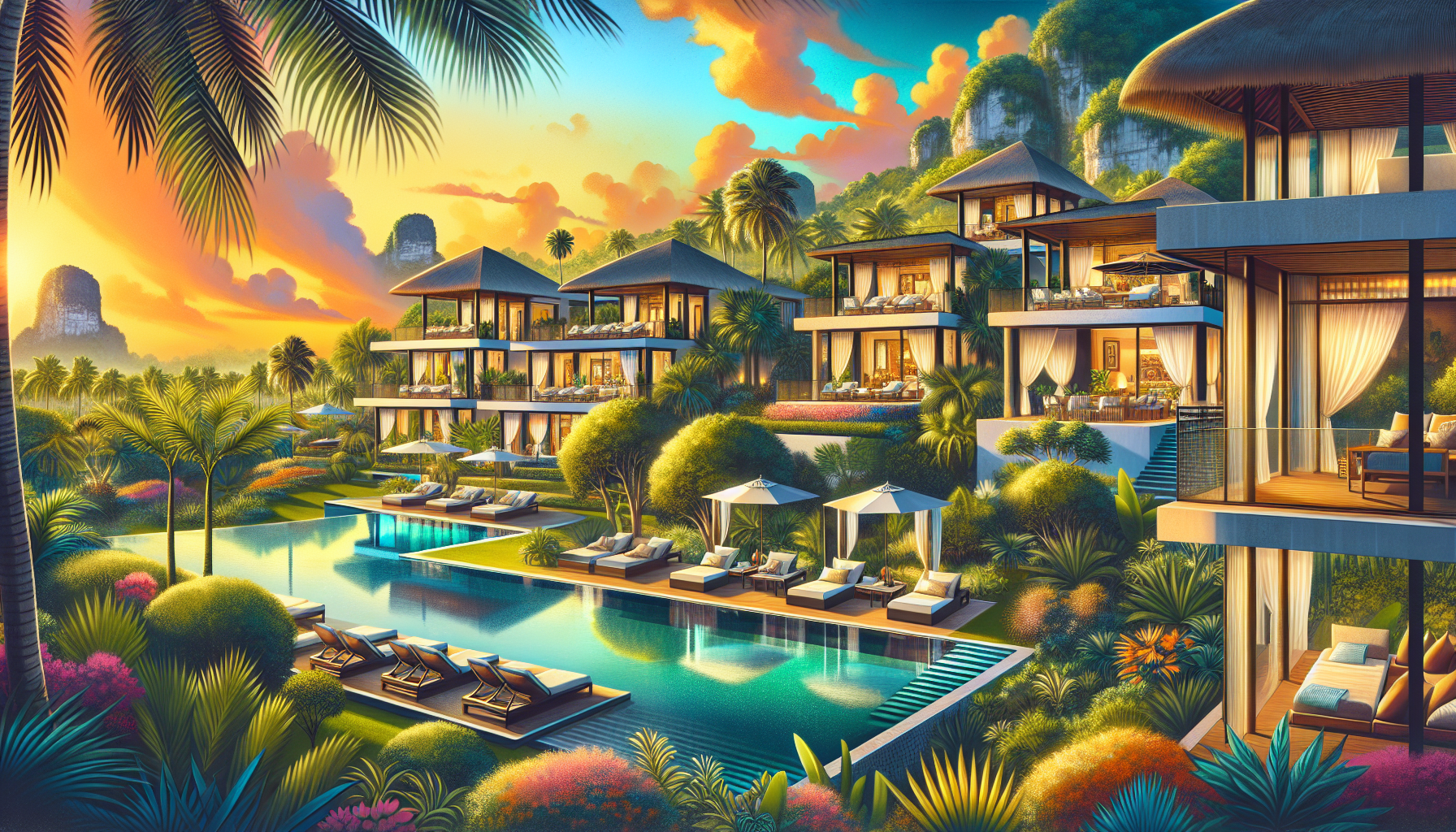 An artistic representation of luxury villas for sale in Tulum, surrounded by tropical landscapes.