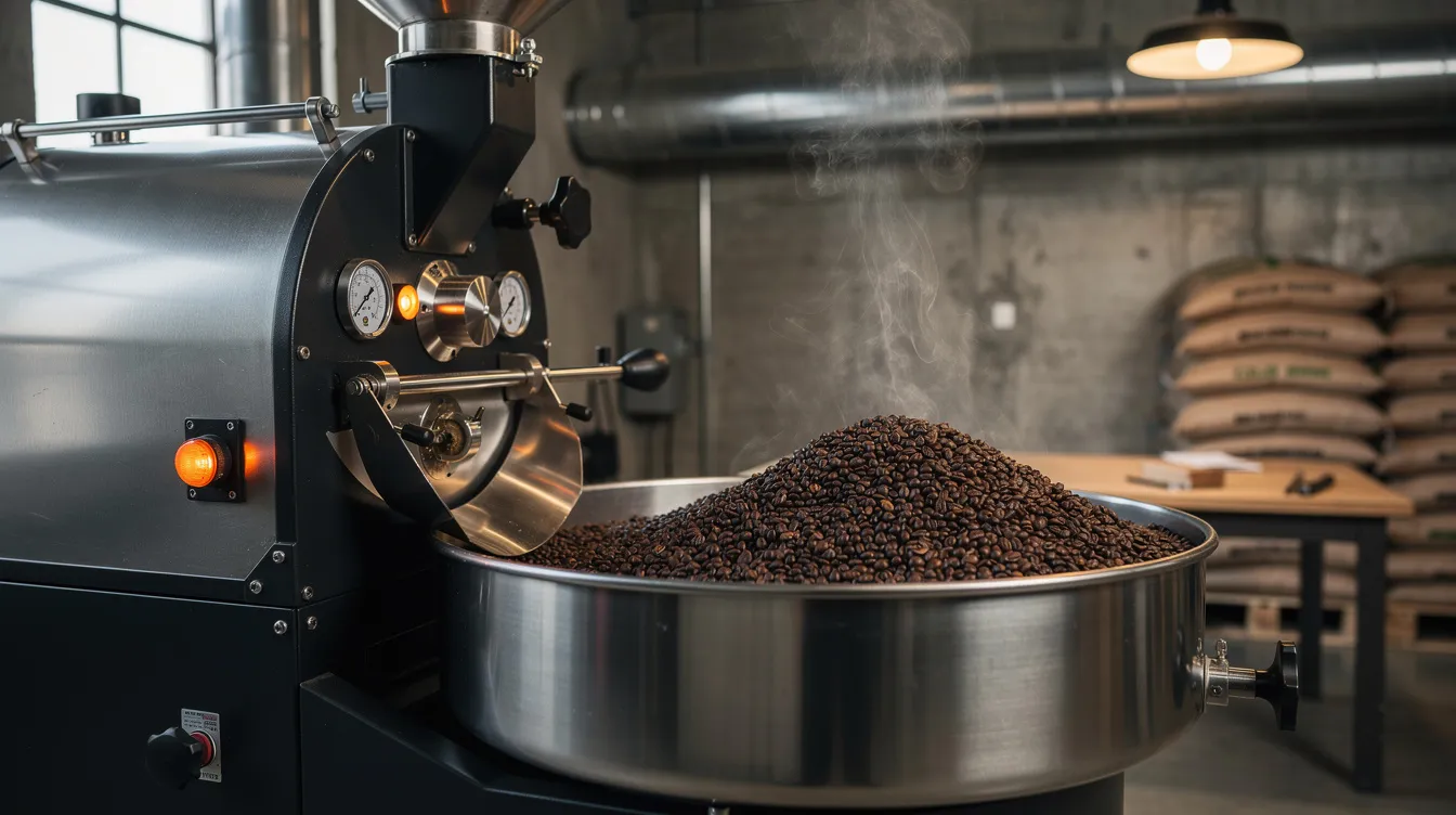 Die Kaffeeröstmaschine in einer industriell eingerichteten Rösterei zeigt frisch geröstete, dampfende Kaffeebohnen, die bereit sind, in köstlichen Kaffee verwandelt zu werden. Diese Szene aus einer Kaffeerösterei in Hamburg Altona vermittelt das Aroma und die Leidenschaft für hochwertigen Kaffee.