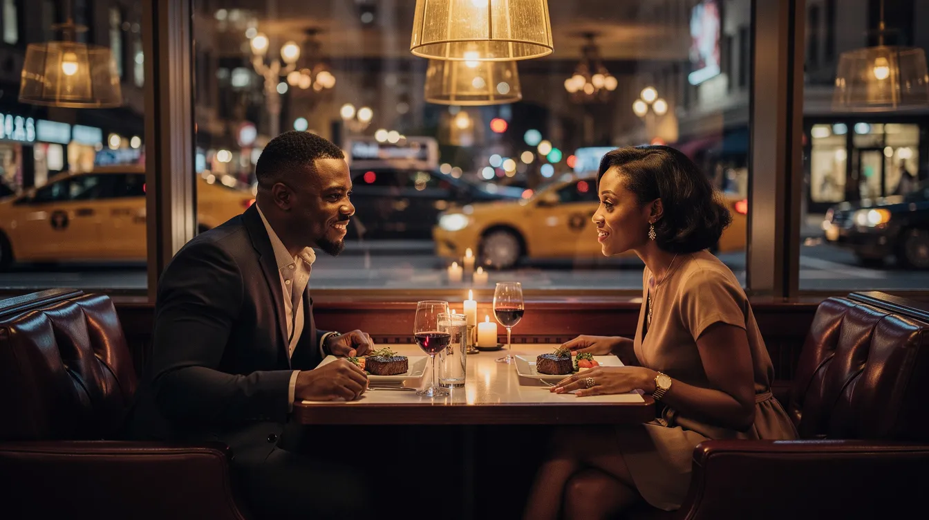 An adult black couple enjoys their first date at a steakhouse restaurant in NYC, sharing smiles and laughter over a delicious meal, embodying the excitement of the dating scene for those in the same age range. The cozy ambiance of the restaurant sets the stage for meaningful connections as they explore their compatibility and potential for a serious relationship.