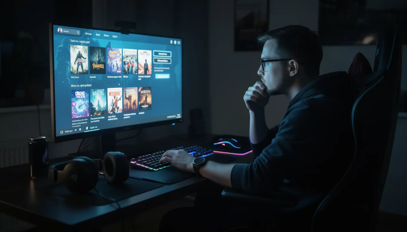 En person sitter vid en dator i ett mörkt rum och funderar över sina spelval, kanske relaterat till casinon utan svensk licens och olika bonusar. Denna situation kan handla om att välja mellan utländska casinon eller spela på online casinon som erbjuder free spins.