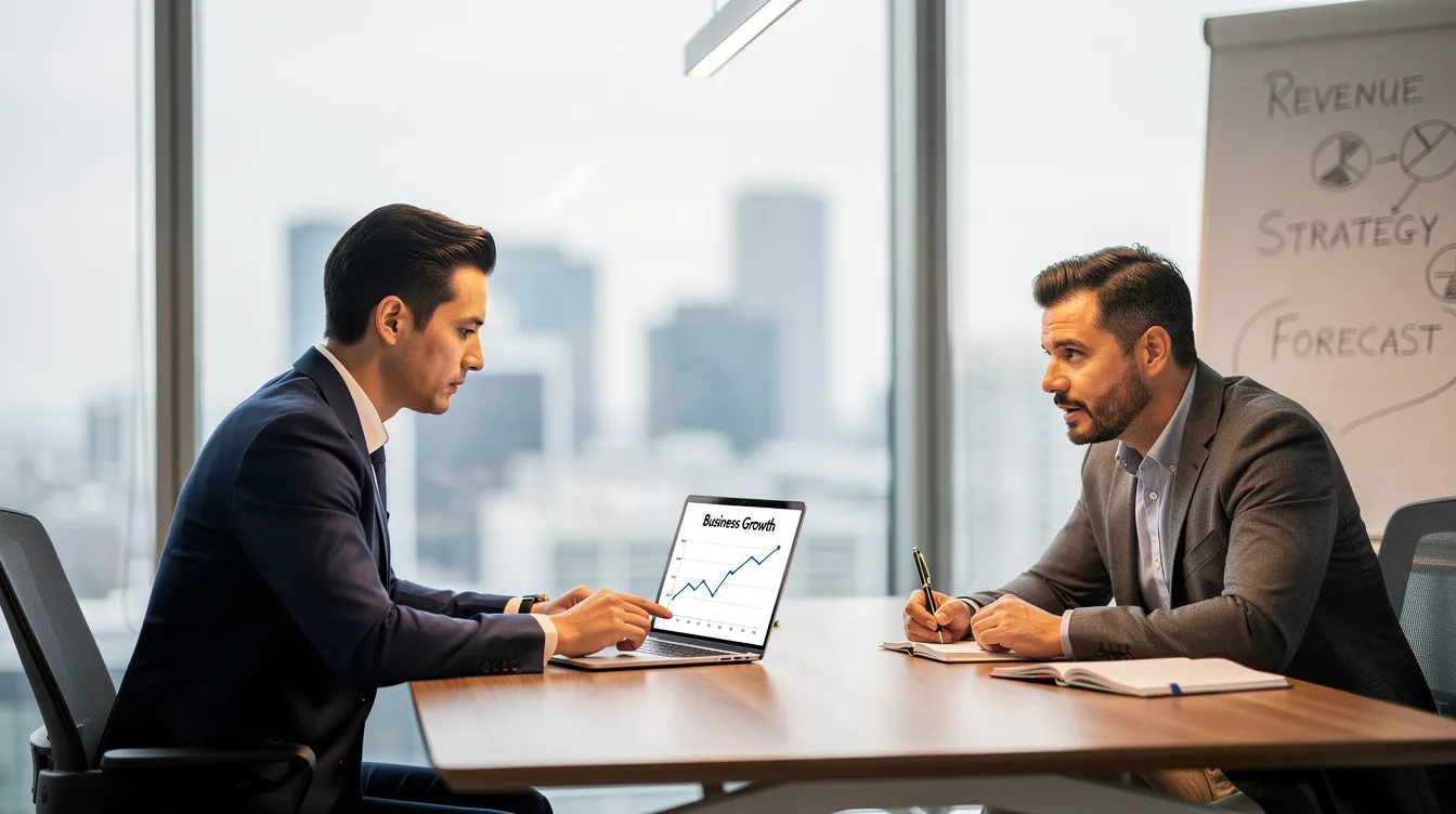 A financial advisor is engaged in a professional consultation with a small business owner, discussing the details of a mudra loan, including eligibility criteria and loan amounts for micro enterprises. The scene captures the advisor explaining interest rates and funding options available through government schemes in India.
