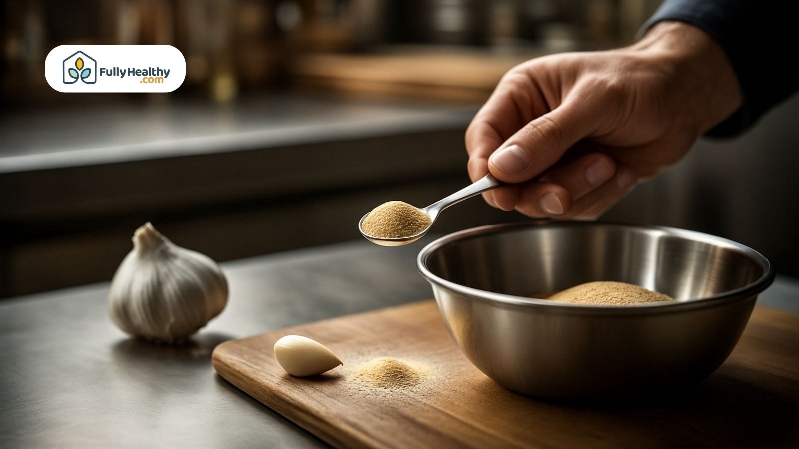Person measuring garlic powder into a metal bowl next to whole garlic bulb and clove