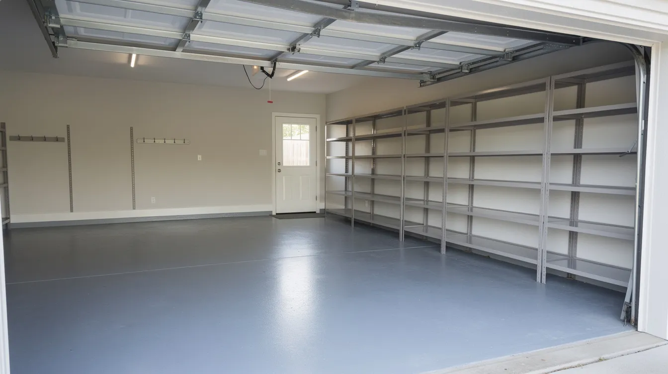 The image shows a clean and organized garage interior featuring a smooth concrete floor and empty shelving, providing a clutter-free space. This setup emphasizes the importance of efficient storm damage cleanup and debris removal, allowing homeowners to restore safety and curb appeal to their property.