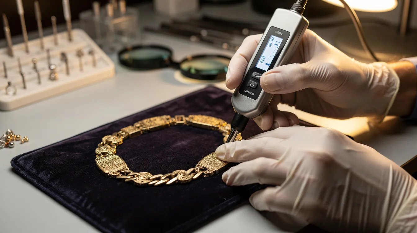 A jeweler is using an electronic gold tester to assess the purity of a vintage bracelet, showcasing the careful process involved in determining its value. This scene highlights the importance of expertise in the jewelry market, where customers seek to earn money through informed purchases.