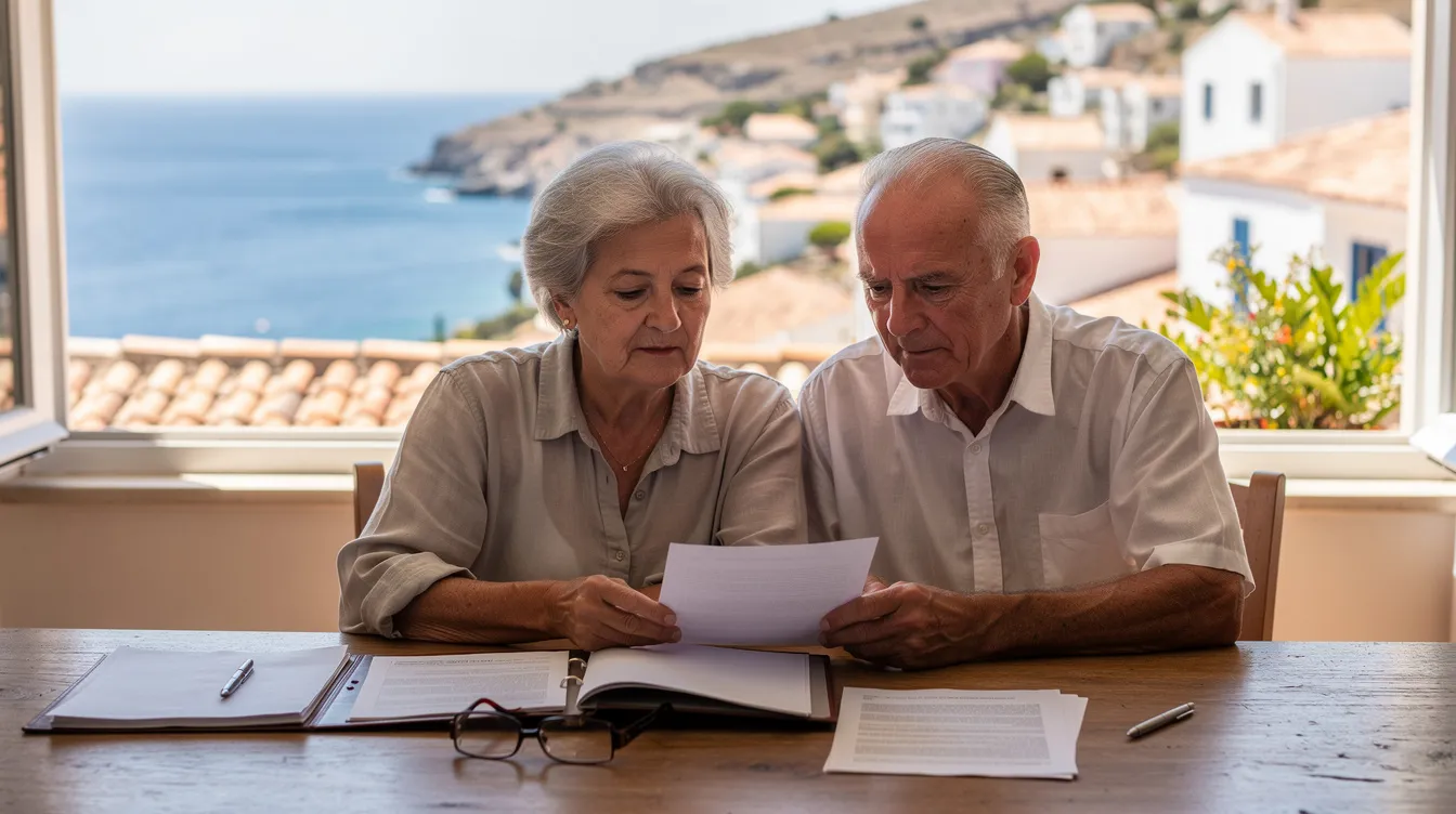 An elderly couple is seated at a desk, reviewing important documents related to their retirement plans, with a beautiful Mediterranean view visible through the window. They are likely discussing aspects such as their UK pension, private health insurance, and the necessary steps to retire to Spain from the UK, including residency permits and tax implications. Retiring to spain from UK