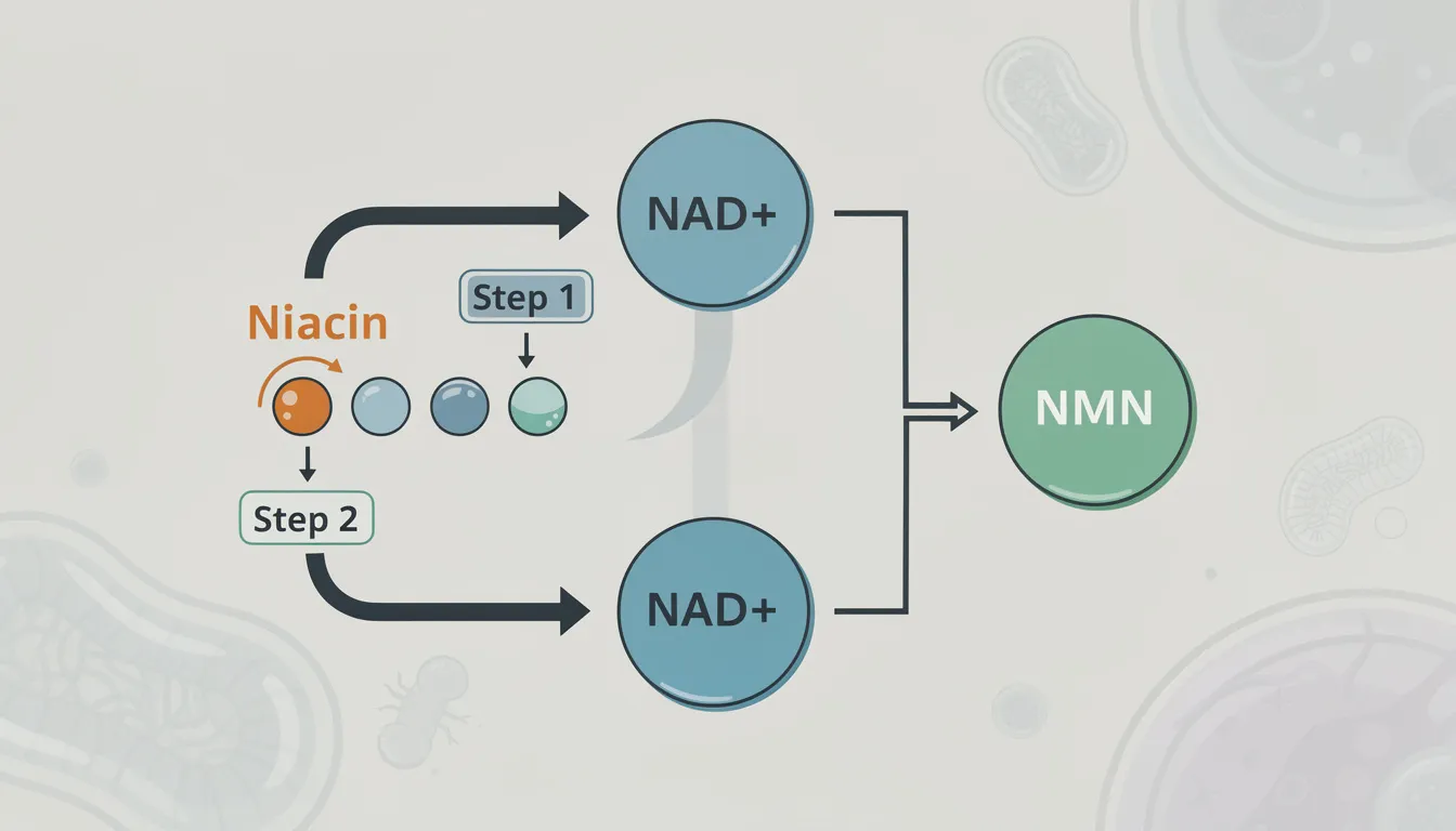 The image depicts a simple diagram illustrating two metabolic pathways: one showing niacin converting through several steps to form nicotinamide adenine dinucleotide (NAD+), and another illustrating the more efficient pathway of nicotinamide mononucleotide (NMN) directly converting to NAD+. The background features cellular structures, emphasizing the role of these compounds in cellular energy and metabolic health.