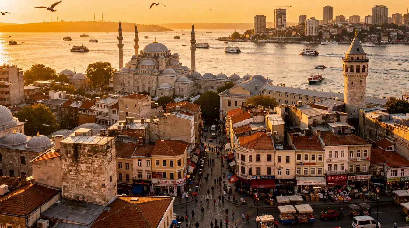 A imagem retrata a vibrante cidade de Istambul, com suas icônicas mesquitas e a movimentação típica de um grande centro urbano. É um destino popular para viajantes que buscam experiências culturais e históricas, ideal para quem planeja uma viagem com ofertas de estadia e passagens acessíveis.