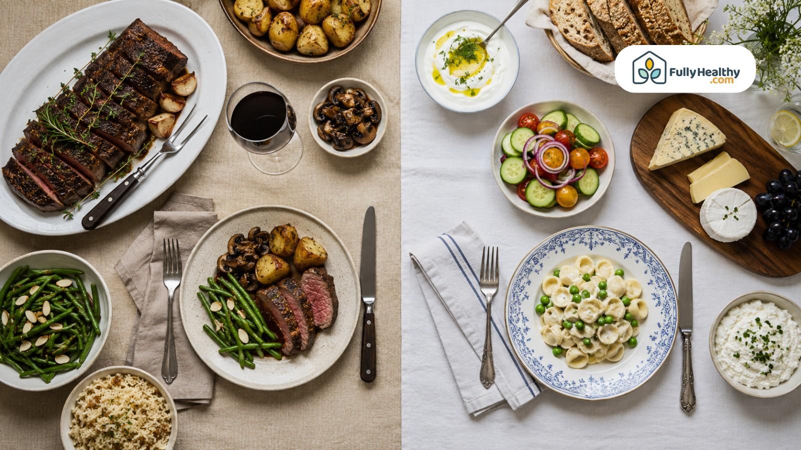 Meat and dairy kosher meals arranged separately with dedicated serving utensils