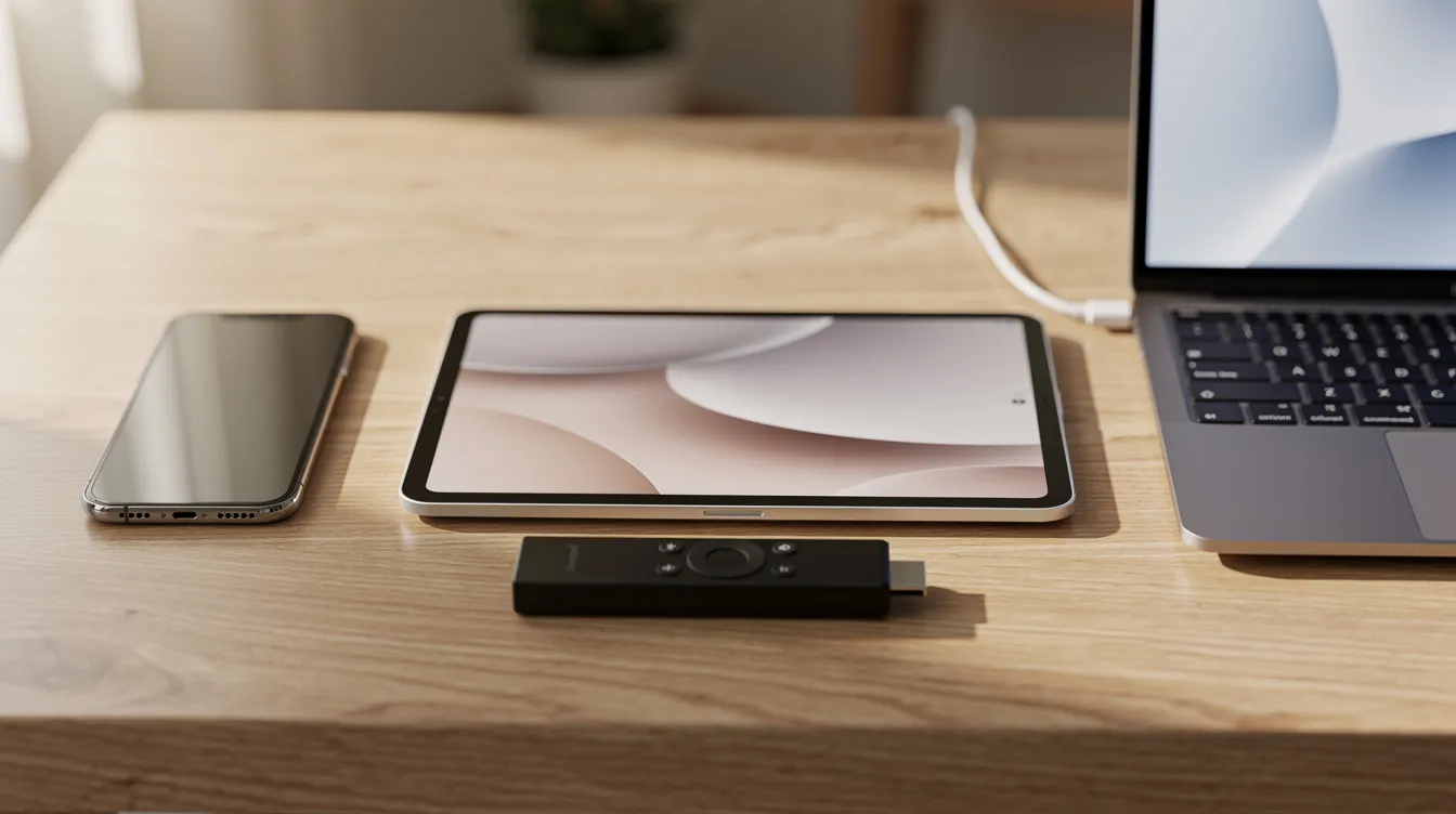 The image features a variety of devices including a tablet, smartphone, laptop, and a streaming stick, all neatly arranged on a wooden desk, showcasing the convenience of accessing IPTV services for live TV channels and on-demand content. This setup highlights the versatility of modern entertainment options, ideal for sports fans and those looking to watch live events or catch up on their favorite shows.