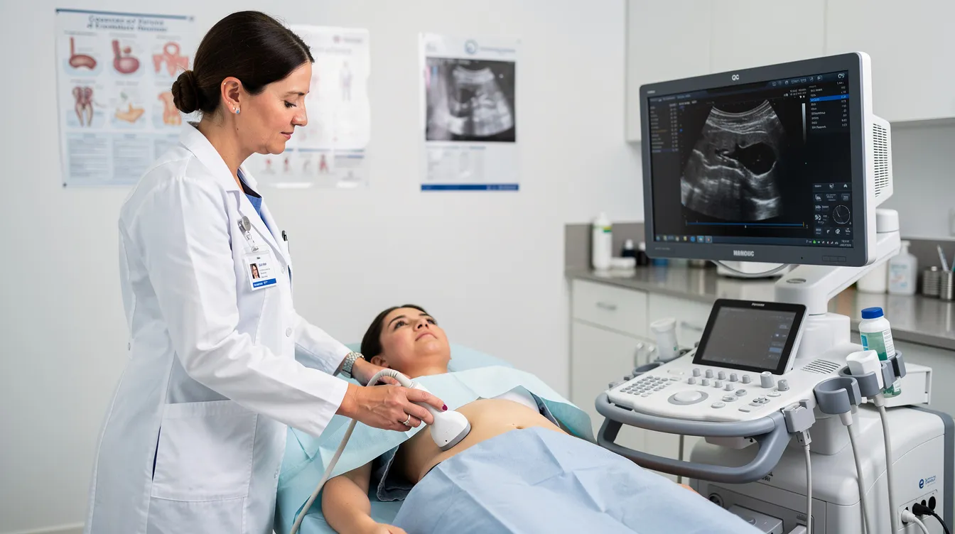 Ein Arzt führt eine Ultraschalluntersuchung im Untersuchungsraum durch, um mögliche Ursachen für Hodenschmerzen zu diagnostizieren. Auf dem Bildschirm sind die Hoden und das umliegende Gewebe sichtbar, während der Arzt die Bilder analysiert, um Anzeichen von Erkrankungen wie Hodenentzündung oder Hodentorsion zu erkennen.