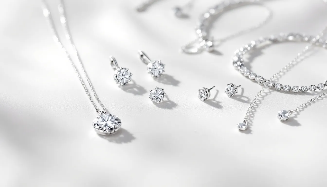 The image showcases an elegant collection of sterling silver women's jewelry, including shimmering silver earrings, a delicate chain bracelet, and a stunning heart pendant adorned with cubic zirconia. The pieces feature a variety of styles and colors, perfect for any occasion, highlighting the timeless beauty of silver jewellery.