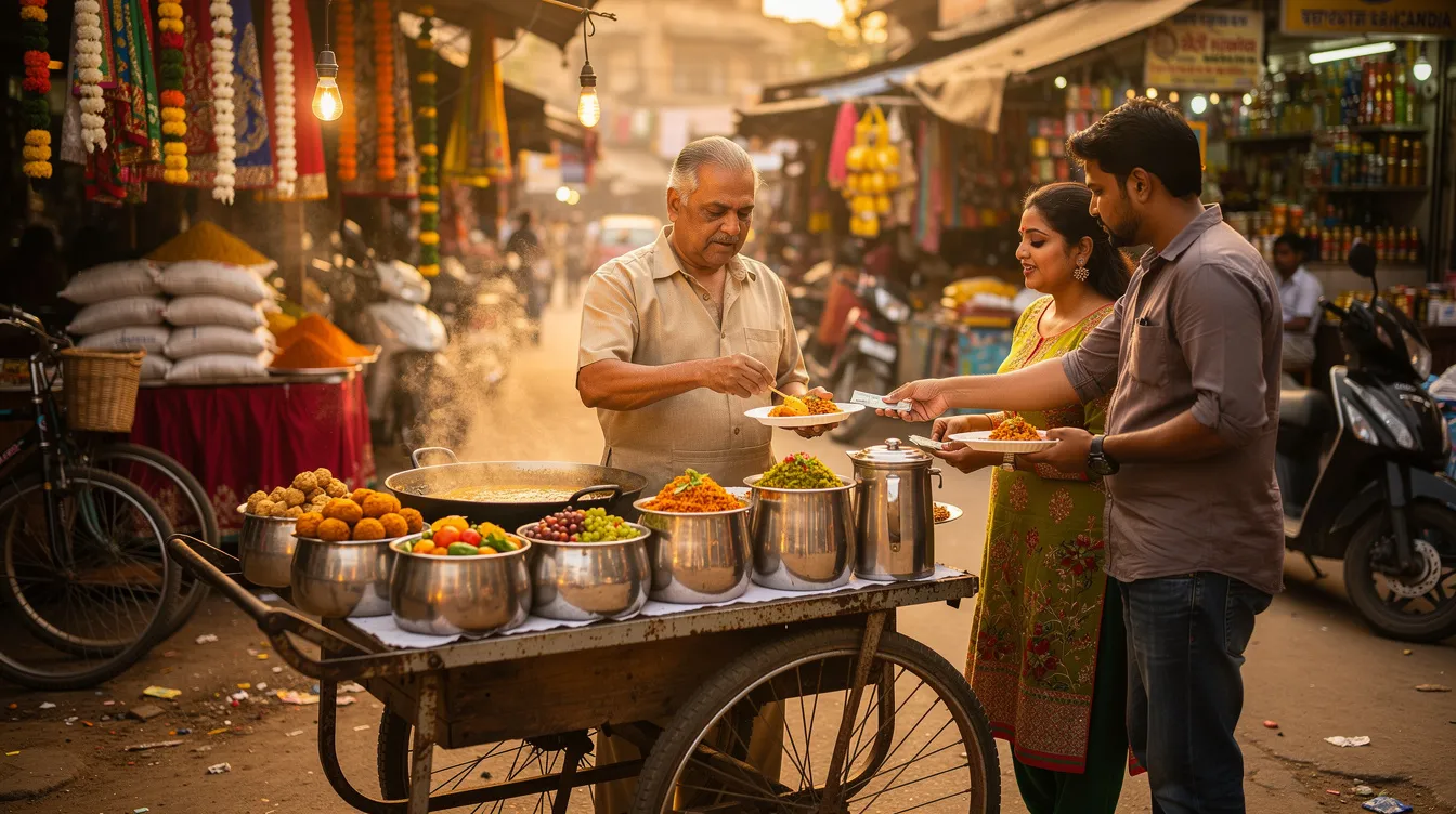 The image shows a small street food cart vendor in a bustling Indian market, serving a diverse group of customers. The vendor is busy preparing traditional dishes, while colorful market stalls filled with various goods can be seen in the background, highlighting the vibrant atmosphere of small enterprises in India.