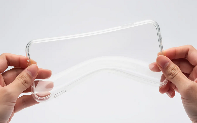 The process of bending and stretching a TPU phone case by hand highlights its excellent flexibility and durability.