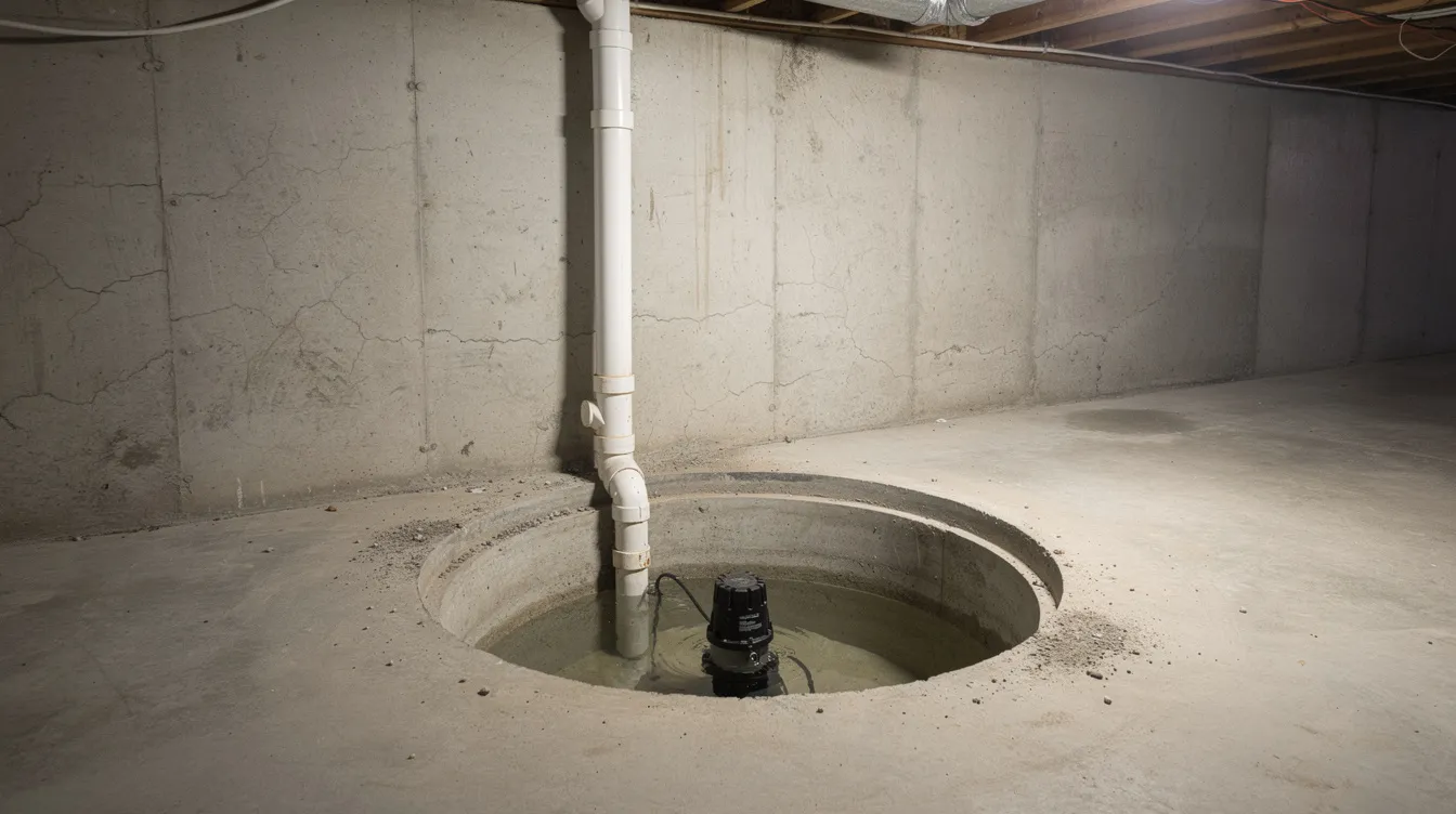 A sump pump is installed inside a concrete pit in a residential basement, with a visible PVC discharge pipe running upward to facilitate the drainage of excess water. This equipment is essential for preventing water damage and maintaining proper plumbing functionality in households.