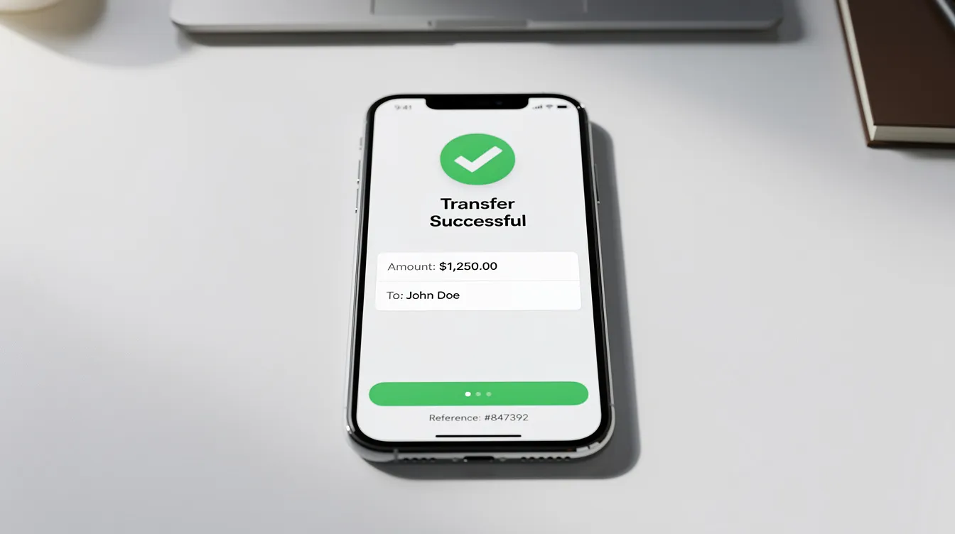 The image shows a smartphone with a money transfer confirmation screen, featuring a prominent green checkmark, indicating a successful transaction. This visual represents the ease of making international payments through a payment platform, highlighting the efficiency of services like Payoneer and Stripe for cross-border transactions.