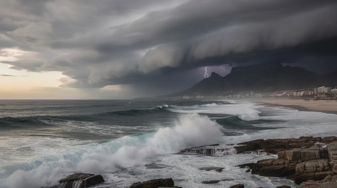 Dark storm clouds loom ominously over the Cape Town coastline, with turbulent waves crashing against the shore, creating a dramatic scene that suggests potential bad weather interference for satellite signals. This image captures the unique challenges that might arise for DSTV users, highlighting the importance of expert DSTV signal repair and professional installation services during such weather conditions.