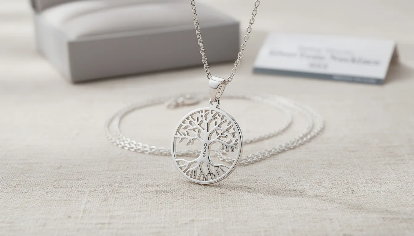 The image features a beautifully crafted sterling silver tree necklace, showcasing intricate branches and leaves that symbolize growth and connection. This elegant piece of life jewelry is perfect for adding a touch of meaning to your collection or as a thoughtful gift.