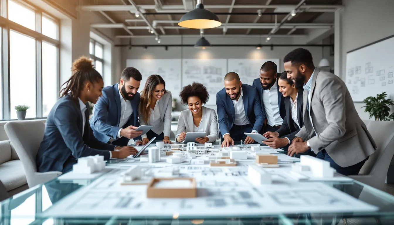 A diverse group of architects, including women and men of various ethnicities, is collaborating on a project in a modern workspace, showcasing the importance of diversity in the architecture profession. They are engaged in discussion, highlighting their unique skills and commitment to overcoming challenges in their careers while working towards their goals in a supportive environment.