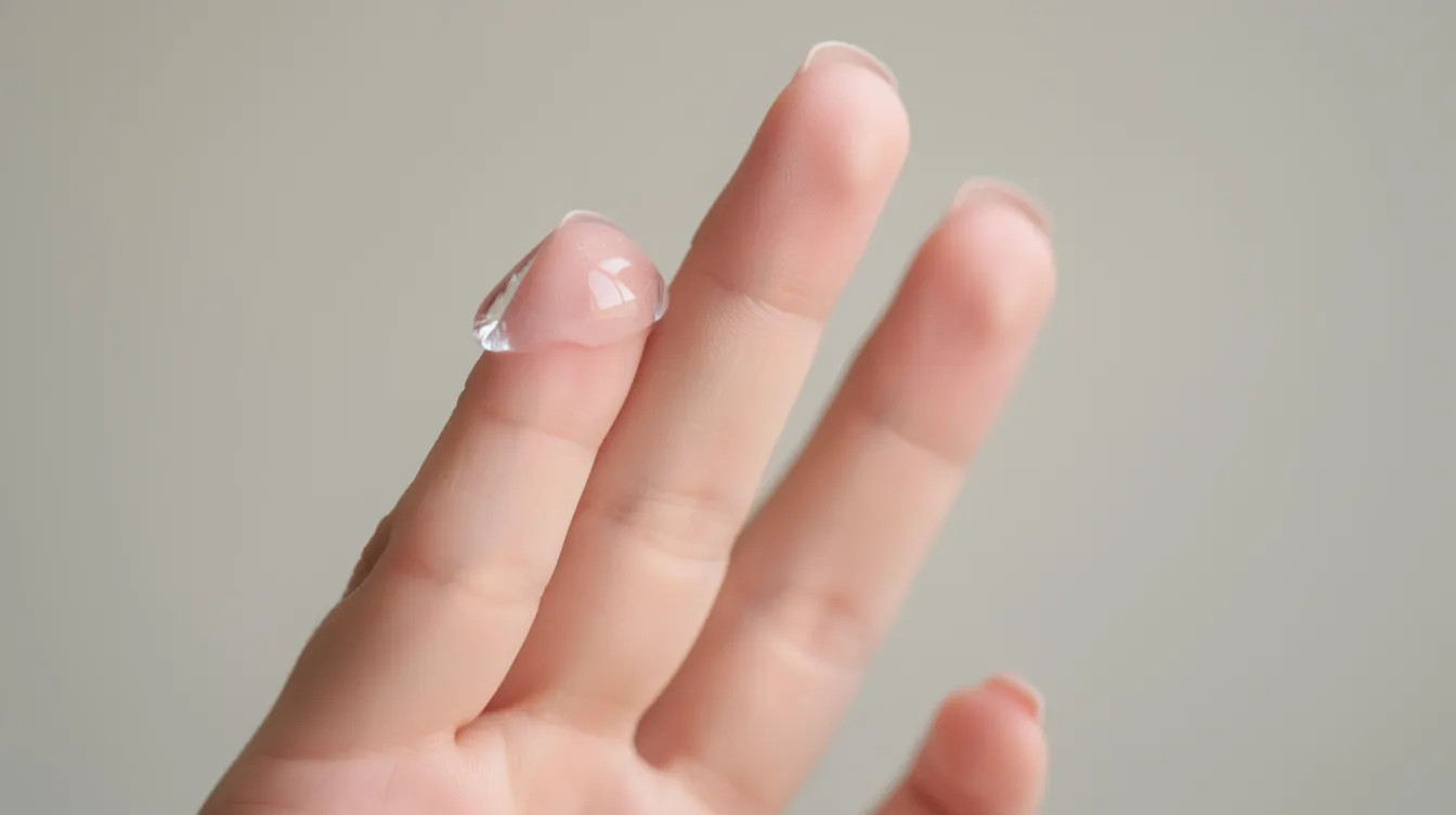 The image shows a small amount of clear gel on fingertips, indicating a skincare or wellness product that may enhance sexual health and improve libido. This gel could be used to address issues like vaginal dryness and increase sensations for a better sex life.