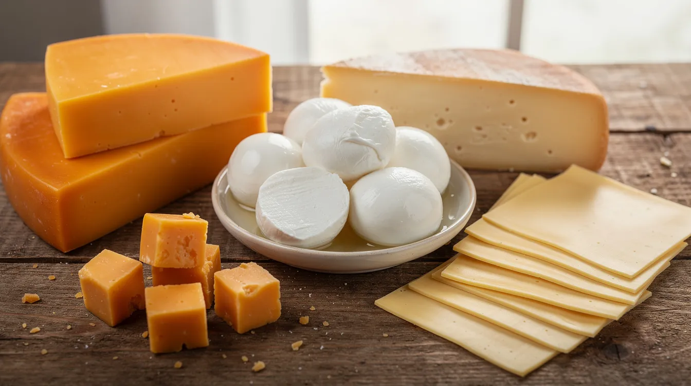 9d518037 b083 4753 a9f8 8d2ee60d9b75 The image showcases a variety of cheese types, including fresh mozzarella balls, blocks of cheddar, and processed cheese slices, all beautifully arranged on a rustic wooden surface. This diverse product assortment highlights the different textures and flavors of dairy products, appealing to various consumer preferences in the cheese production market.