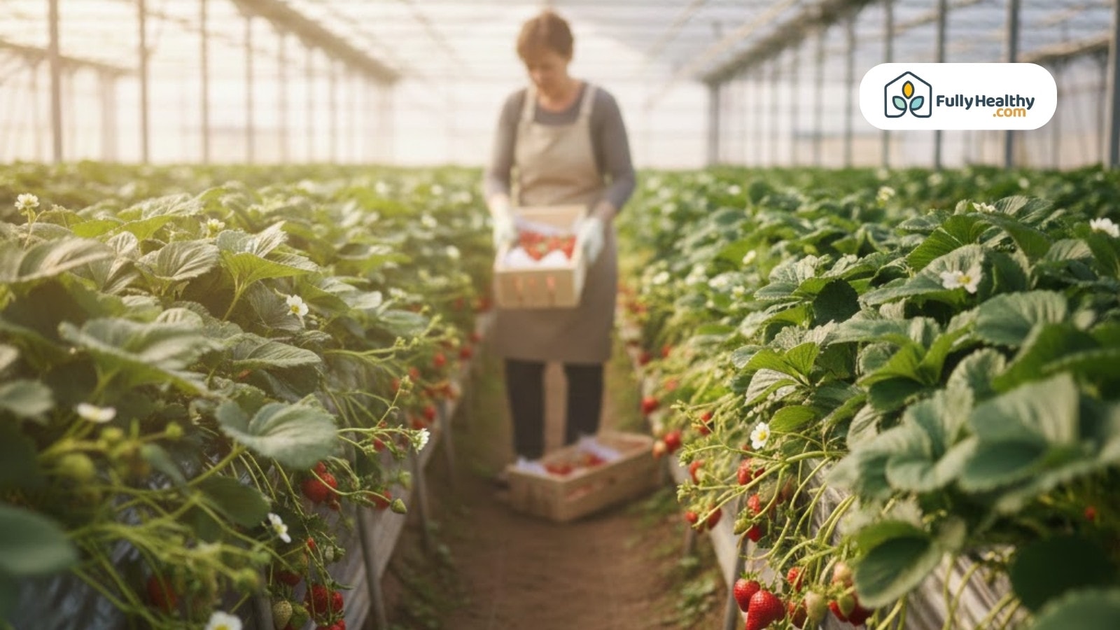 Farmer carrying fresh strawberries inside a bright greenhouse aisle