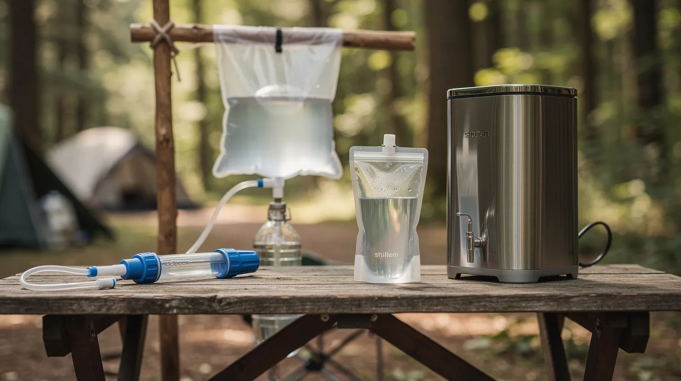 The image showcases a variety of portable water filters arranged on a wooden camp table, including a straw filter, squeeze pouch, gravity bag, and a stainless steel countertop unit, highlighting essential tools for purifying water in emergency situations. Each filter represents a different method of achieving clean drinking water, suitable for outdoor adventures or survival kits.