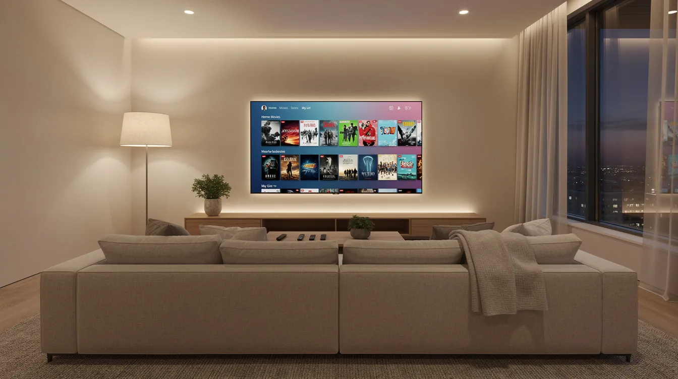 The image depicts a modern living room featuring a large flat screen TV showcasing a streaming interface, complemented by a comfortable couch and warm lighting, creating an inviting atmosphere for enjoying live television and on-demand content through an IPTV service. The setup suggests a user-friendly streaming experience ideal for watching favorite channels and shows.