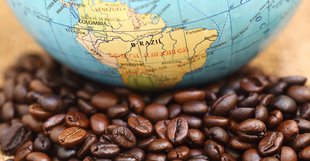 coffee beans and a globe
