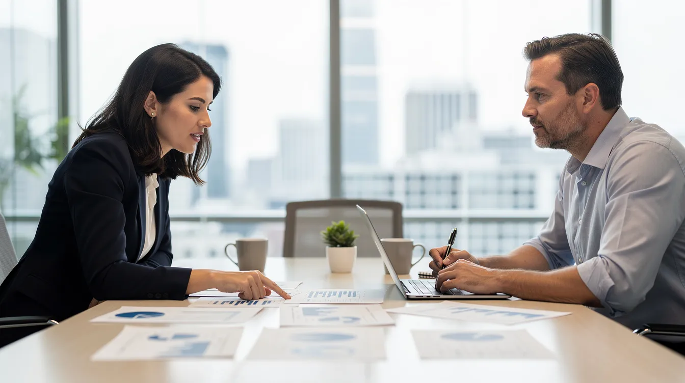 9d543f56 1272 4477 8c4e db14757746a8 In an office setting, two individuals are engaged in a discussion over financial documents, likely related to loan approval and the responsibilities of a loan guarantor. They appear to be reviewing important details, such as the outstanding loan amount and the implications of borrower defaults, highlighting the crucial role of both the primary borrower and the guarantor in the loan agreement.