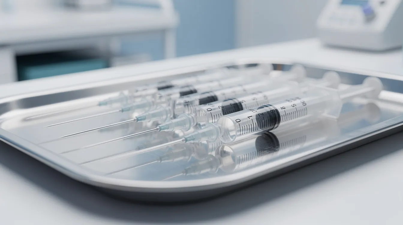 The image shows several medical syringes neatly arranged on a stainless steel tray, typical of a clinical setting where treatments like Radiesse injections may take place. These syringes are essential for procedures aimed at restoring volume and stimulating collagen production for a youthful appearance.