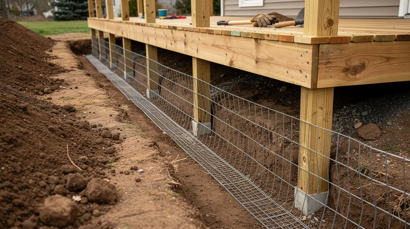 The image shows a residential deck with a visible trench line where a buried steel mesh exclusion barrier has been installed, providing a humane wildlife removal solution to prevent unwanted pests from entering the property. This barrier is part of a thorough inspection and wildlife control service aimed at ensuring long-term protection against wildlife intrusions.