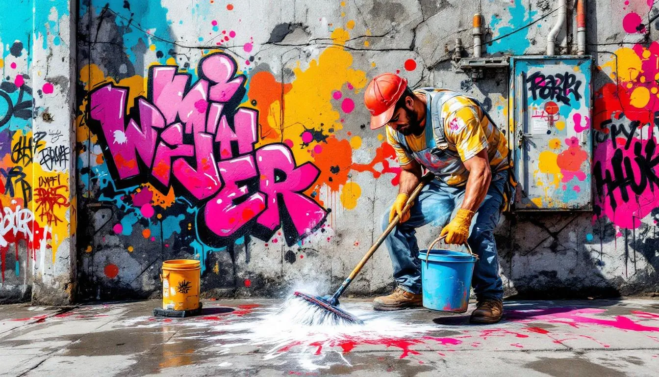 Maintaining painted concrete surfaces with cleaning tools.