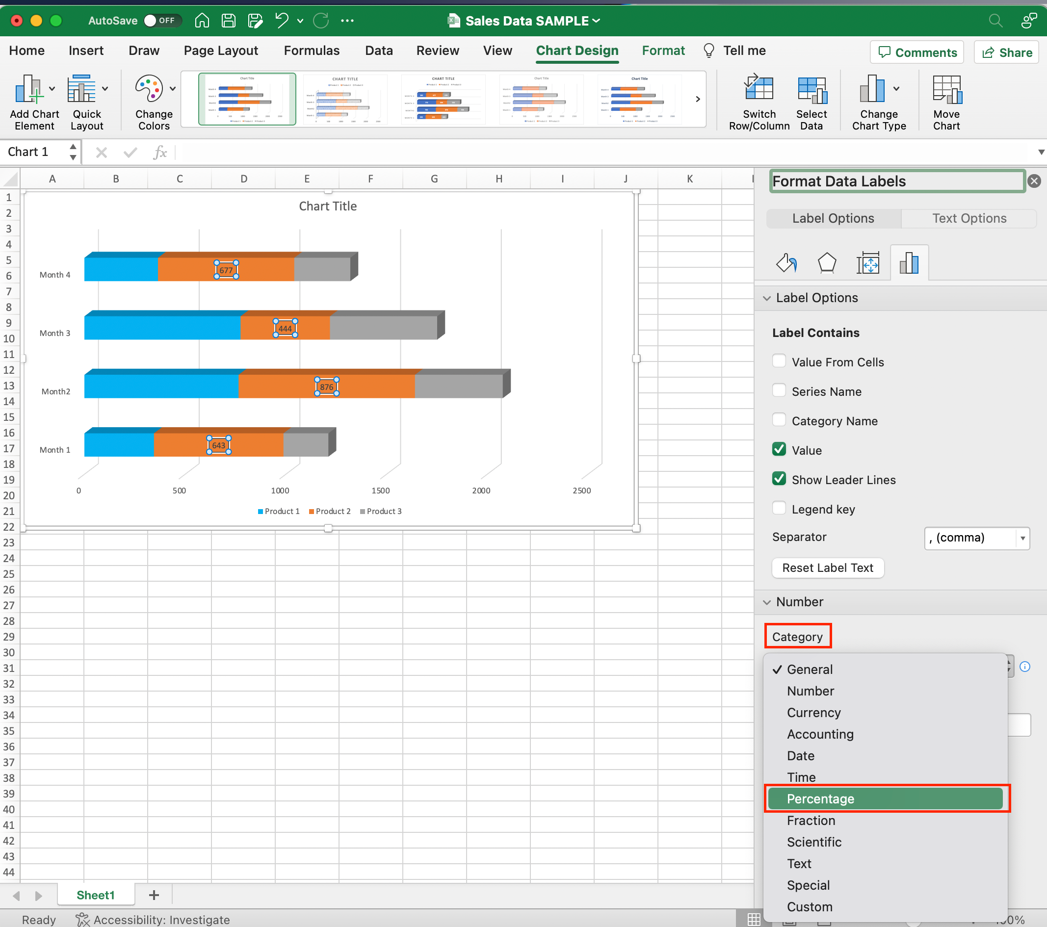 Display Percentages in stacked bar chart in excel