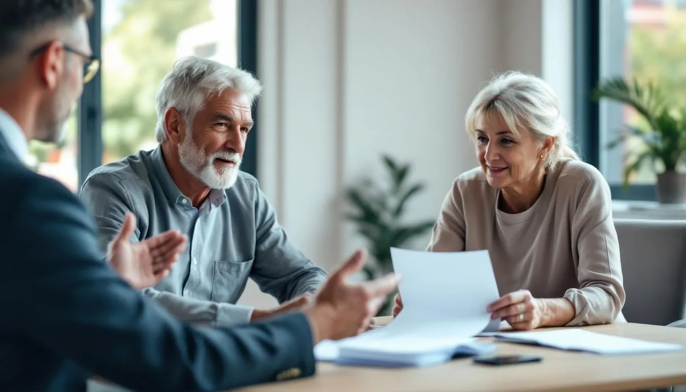 A couple is seated at a table with a financial advisor, discussing their retirement planning. They are reviewing important documents related to their retirement goals, including strategies for retirement savings and tax implications, as they work towards creating a comprehensive retirement blueprint for their financial future.