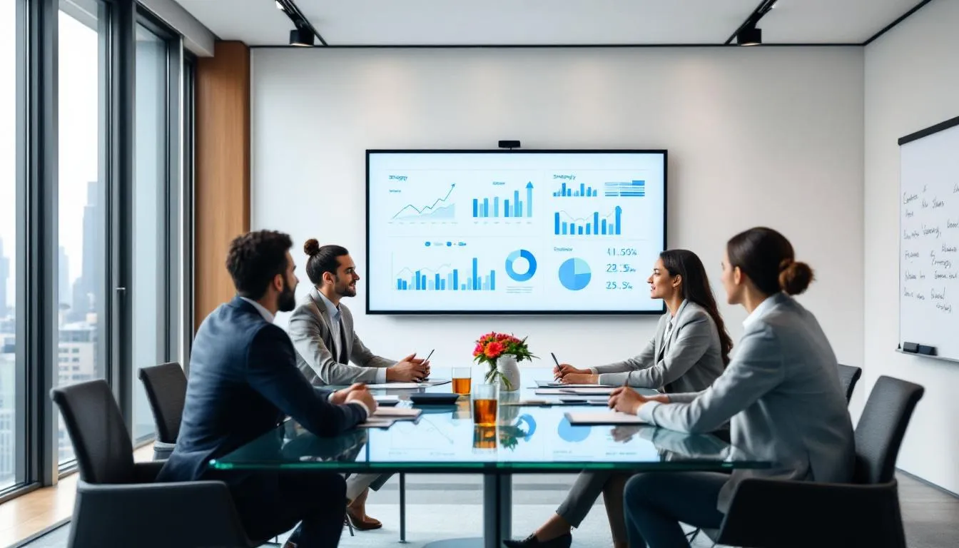 In a modern conference room, a diverse business team is engaged in a strategic meeting, analyzing charts that illustrate key financial metrics such as gross operating profit (GOP), total revenue, and hotel profit margins. The atmosphere is collaborative as they discuss strategies to enhance operational efficiency and maximize revenue in the hospitality industry.
