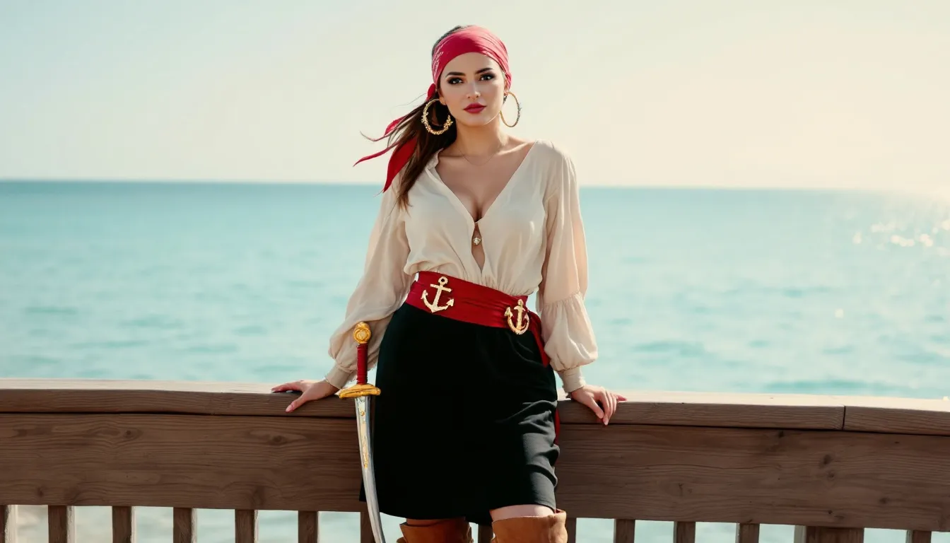 A woman is dressed in a vibrant women's pirate costume, complete with accessories that evoke the adventurous spirit of her ship. Her outfit features a dramatic waistline and intricate jewelry, embodying the essence of a daring pirate ready for an exciting adventure.