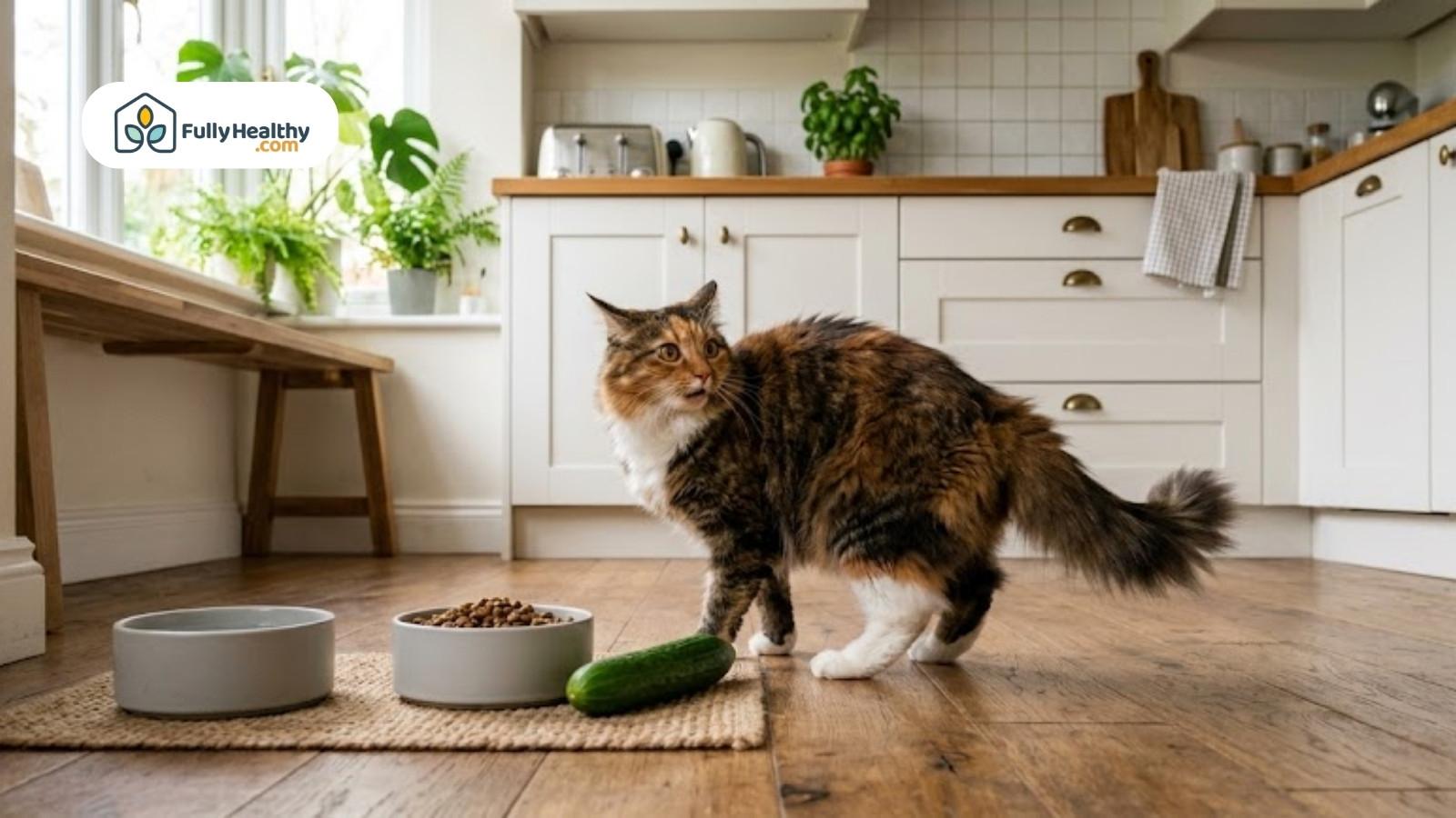 Fluffy cat startled by cucumber near food bowls in kitchen
