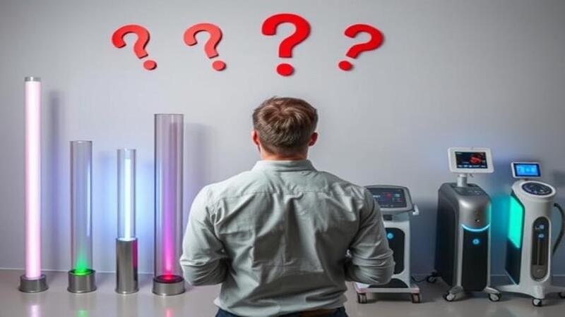 A confused buyer standing in front of different tubes (round, square, oval) and laser machines.
