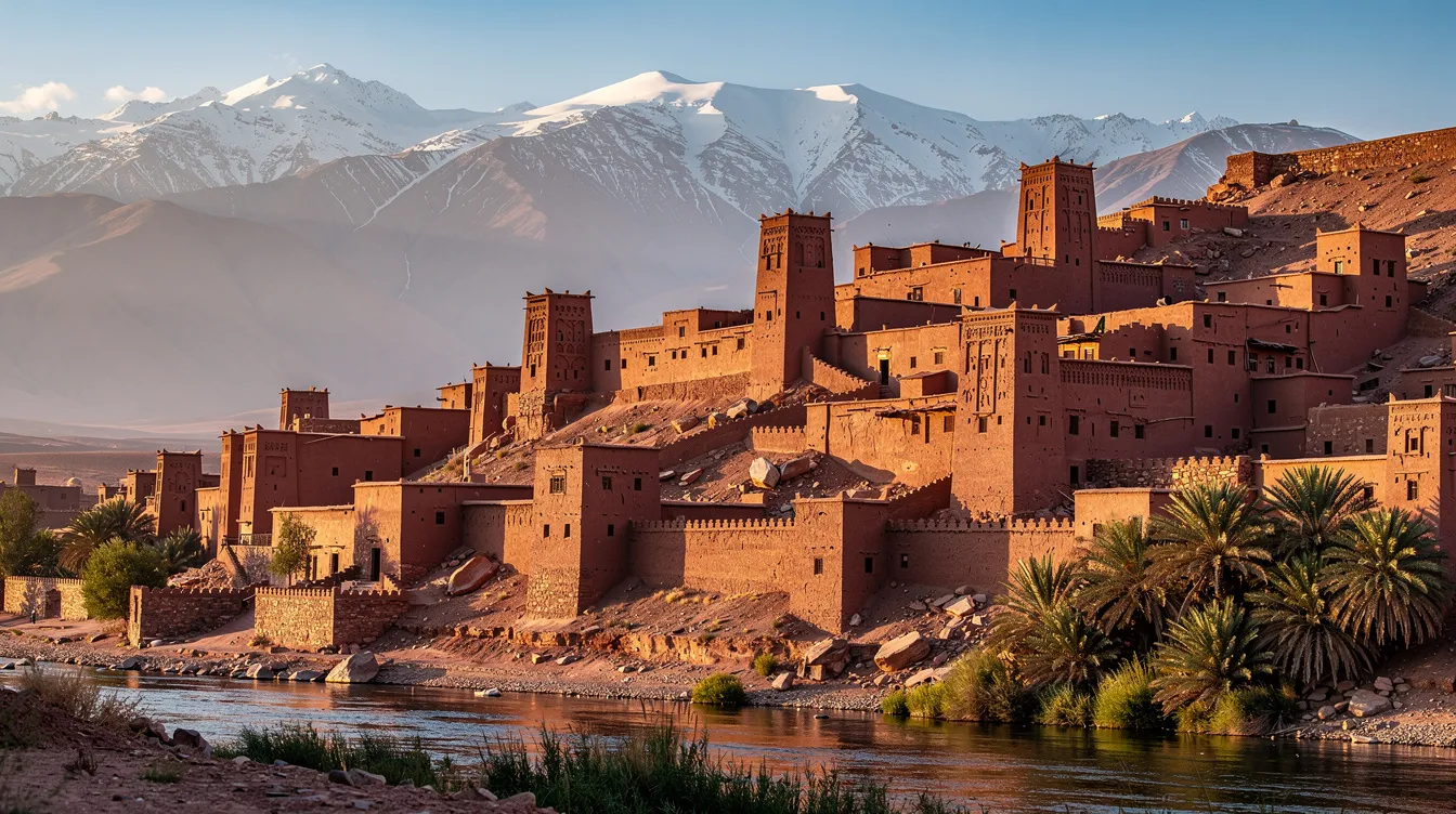 The image depicts the ancient kasbah village of Ait Ben Haddou, characterized by its red-brown earthen buildings that blend harmoniously with the surrounding desert landscapes, while the majestic snow-capped Atlas Mountains rise in the background, creating a stunning contrast. This iconic location is often included in sahara desert tours from Marrakech, offering travelers an amazing experience of Morocco's rich history and breathtaking scenery.