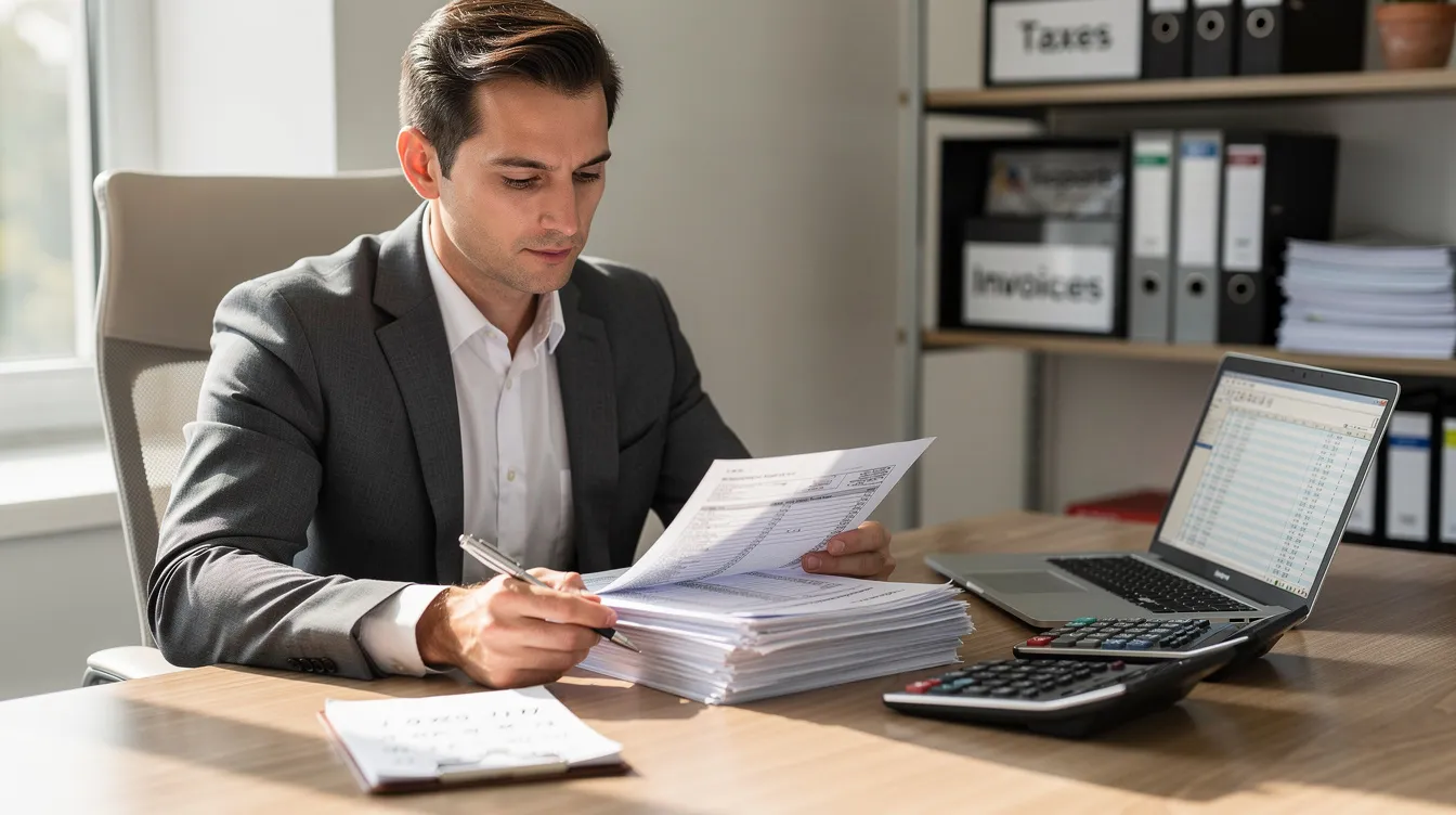 A professional accountant is seated at a desk, intently reviewing tax documents and utilizing a calculator. The scene suggests a focus on important financial matters such as the employee retention credit and tax returns, highlighting the accountant's role in assisting businesses with their payroll costs and eligible tax credits.