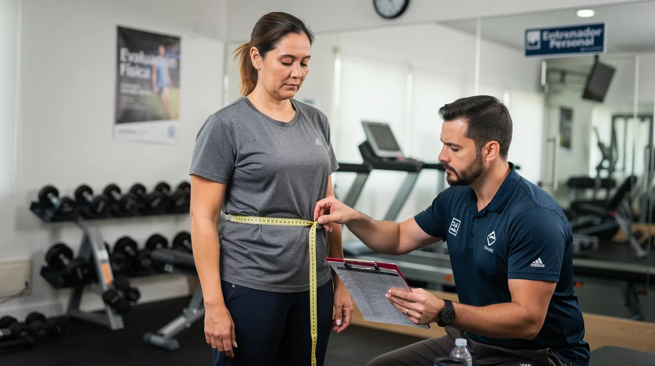 Un entrenador personal está realizando una evaluación física a un nuevo cliente en un gimnasio, utilizando herramientas y técnicas para medir su condición física. Esta interacción es crucial para ofrecer un servicio de calidad y mejorar la retención de clientes en el centro deportivo.