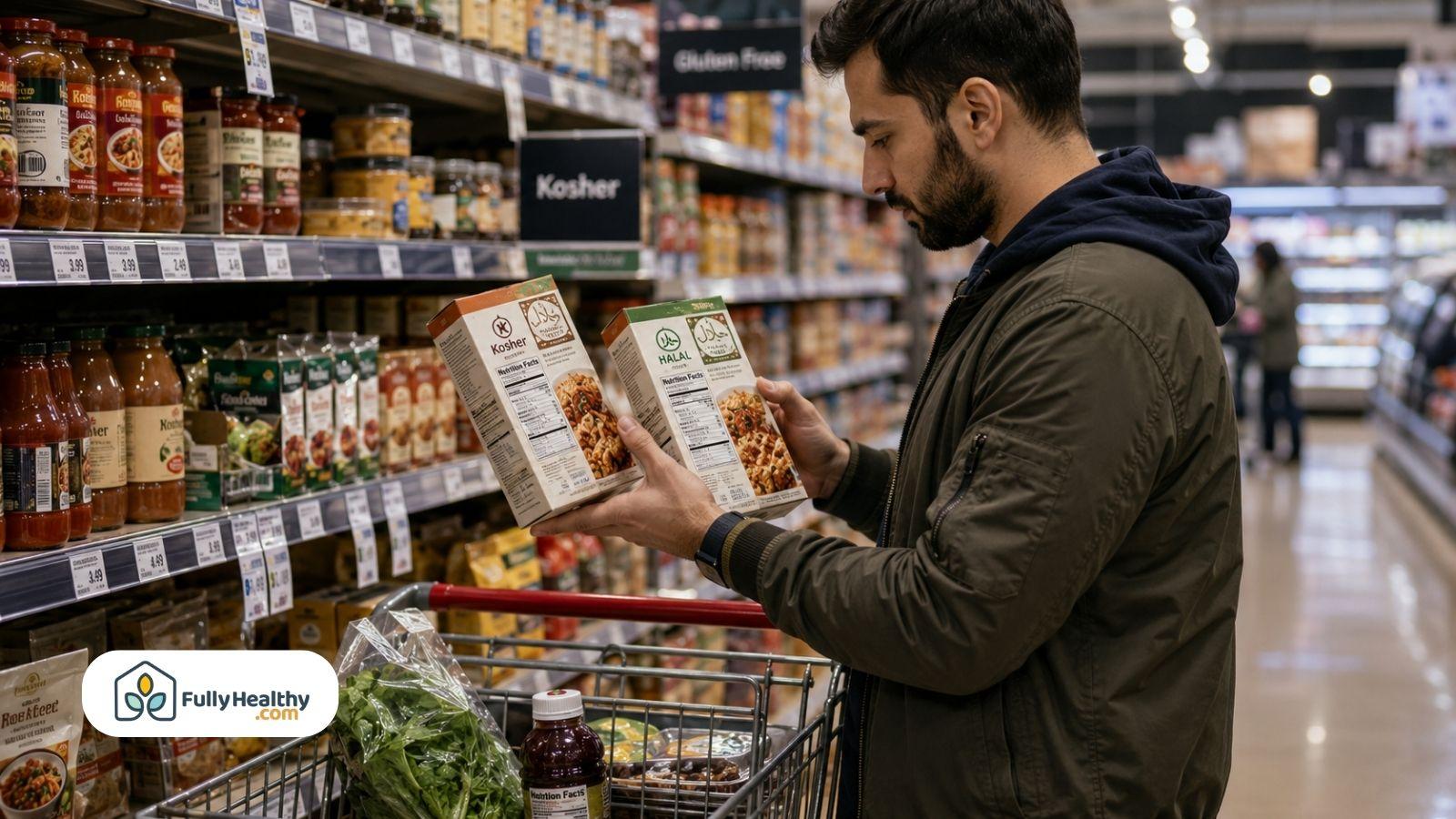 Shopper comparing kosher and halal food labels in a grocery store aisle