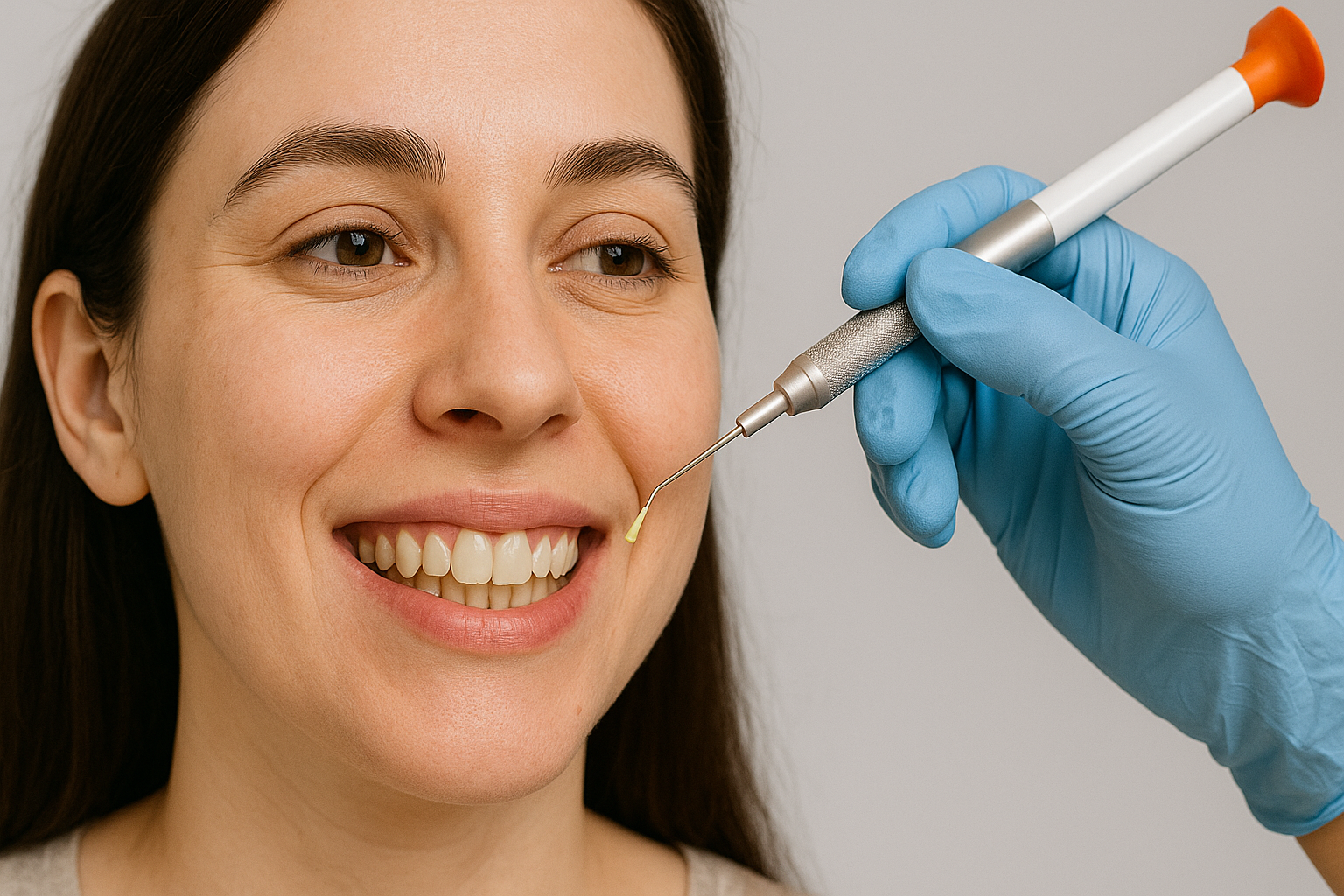 Kvinne får tannbehandling med komposittmateriale på fortann, viser hvordan små inngrep kan forbedre smilet effektivt og naturlig.