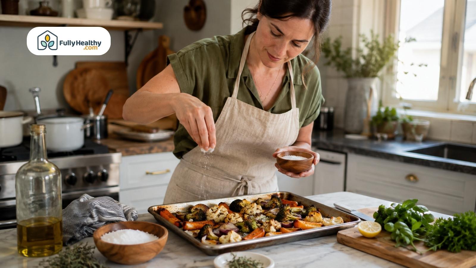 Home cook seasoning roasted vegetables with coarse salt in bright modern kitchen