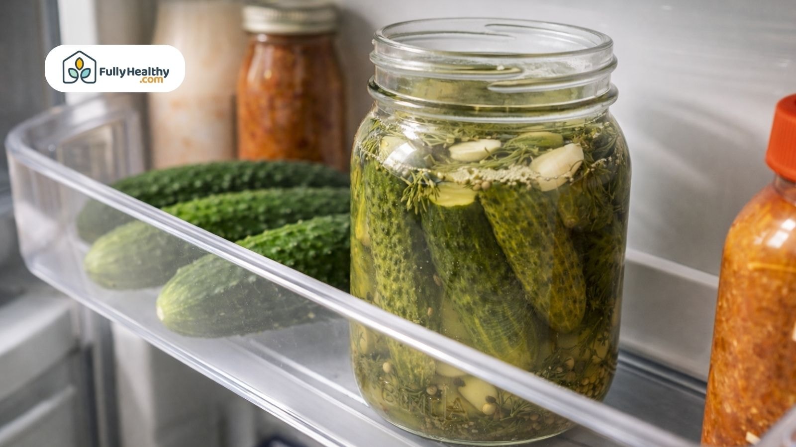 Opened jar of pickles stored on refrigerator shelf with brine