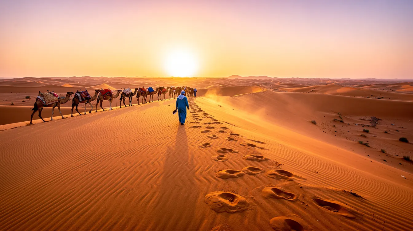 A camel caravan gracefully crosses the golden dunes of the Sahara near Merzouga at sunset, casting long shadows and creating a breathtaking scene. This tranquil moment captures the essence of Morocco's rich history and its stunning landscapes, perfect for those exploring the imperial cities on a memorable tour.