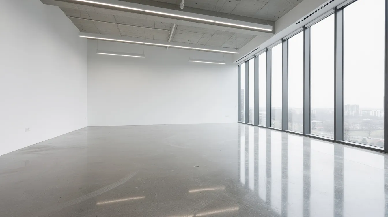 The image shows a clean, empty office space with polished floors, highlighting a clutter-free environment after professional office furniture removal. The absence of desks and chairs creates a spacious feel, perfect for a fresh start or upcoming commercial cleanouts.
