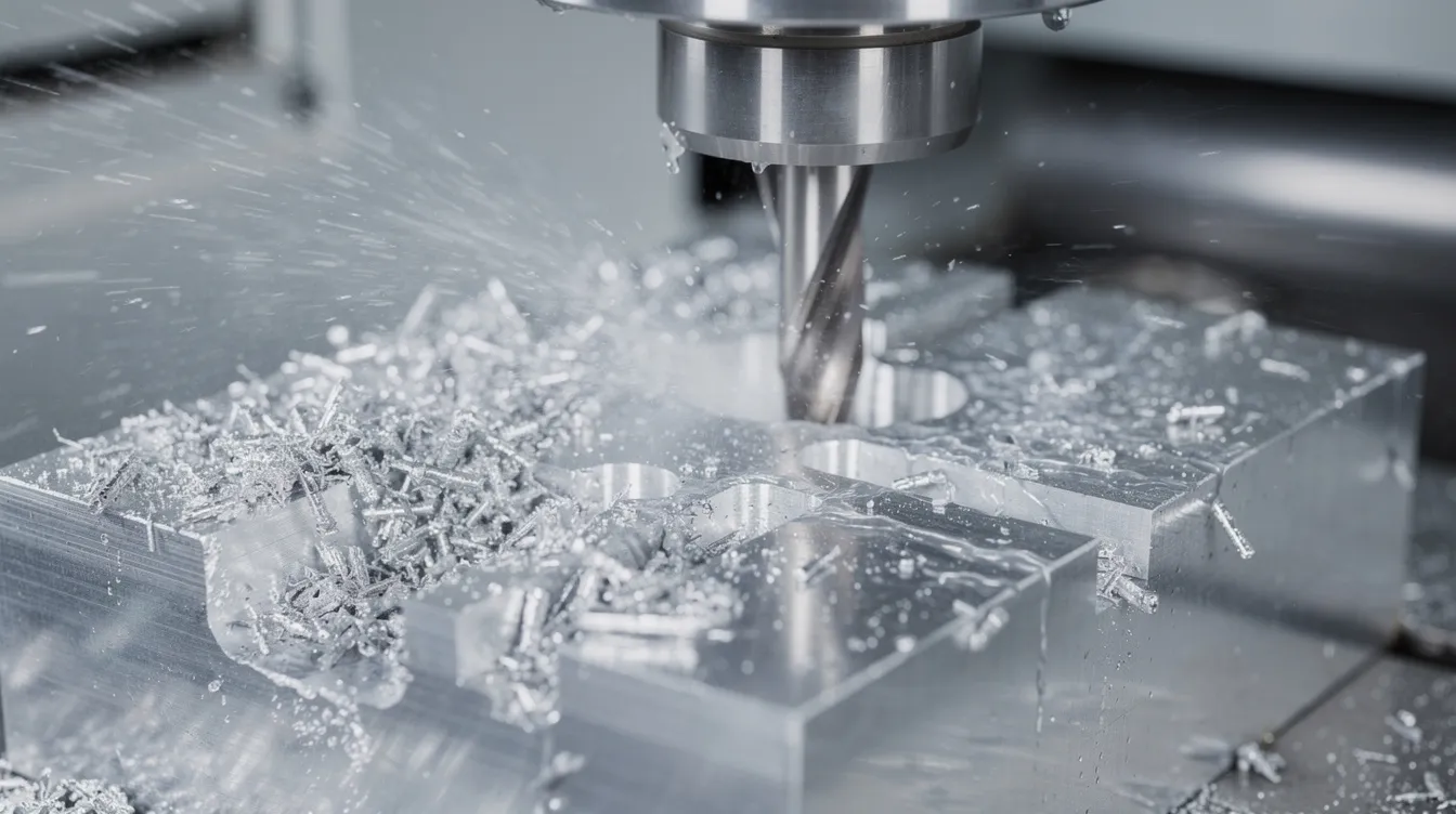 The image shows a close-up of a CNC milling machine actively cutting an aluminum block, with coolant spraying to cool the process and metal chips flying off. This CNC machining process highlights the subtractive manufacturing method, which is essential for creating complex shapes and achieving extremely tight tolerances in machined parts.