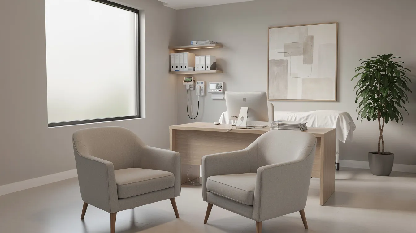 The image depicts a serene and modern medical consultation room, featuring soft lighting and comfortable chairs, ideal for discussing procedures such as labiaplasty. This inviting space provides a calming environment for patients seeking information on labia reduction surgery and vaginal rejuvenation treatments.