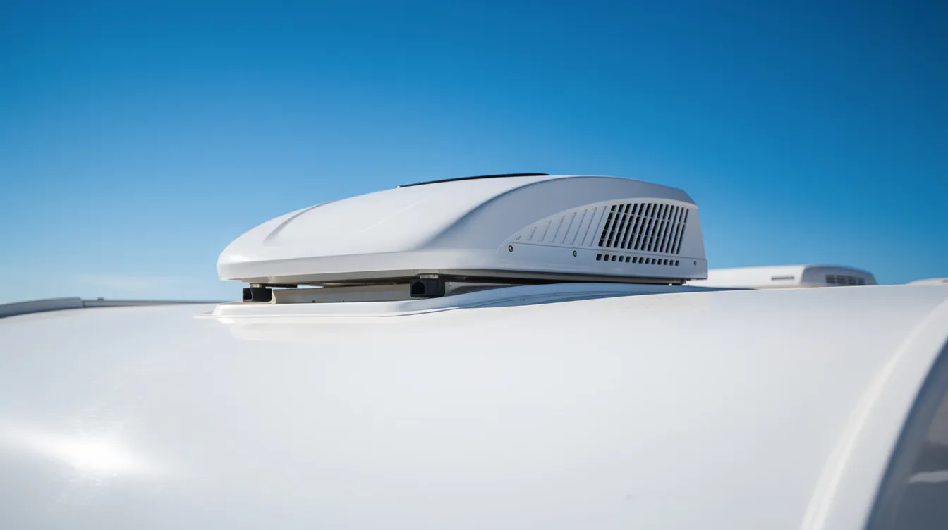 A rooftop air conditioning and heat pump unit is mounted on the white roof of a recreational vehicle, set against a clear blue sky, showcasing a typical feature for enhancing comfort during family adventures on the road. This image highlights the integration of modern technology in RV living, appealing to customers seeking efficient climate control solutions.